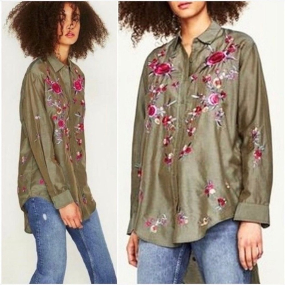 Zara Green Long Sleeve Button Front Floral Embroidered Blouse Womens XS